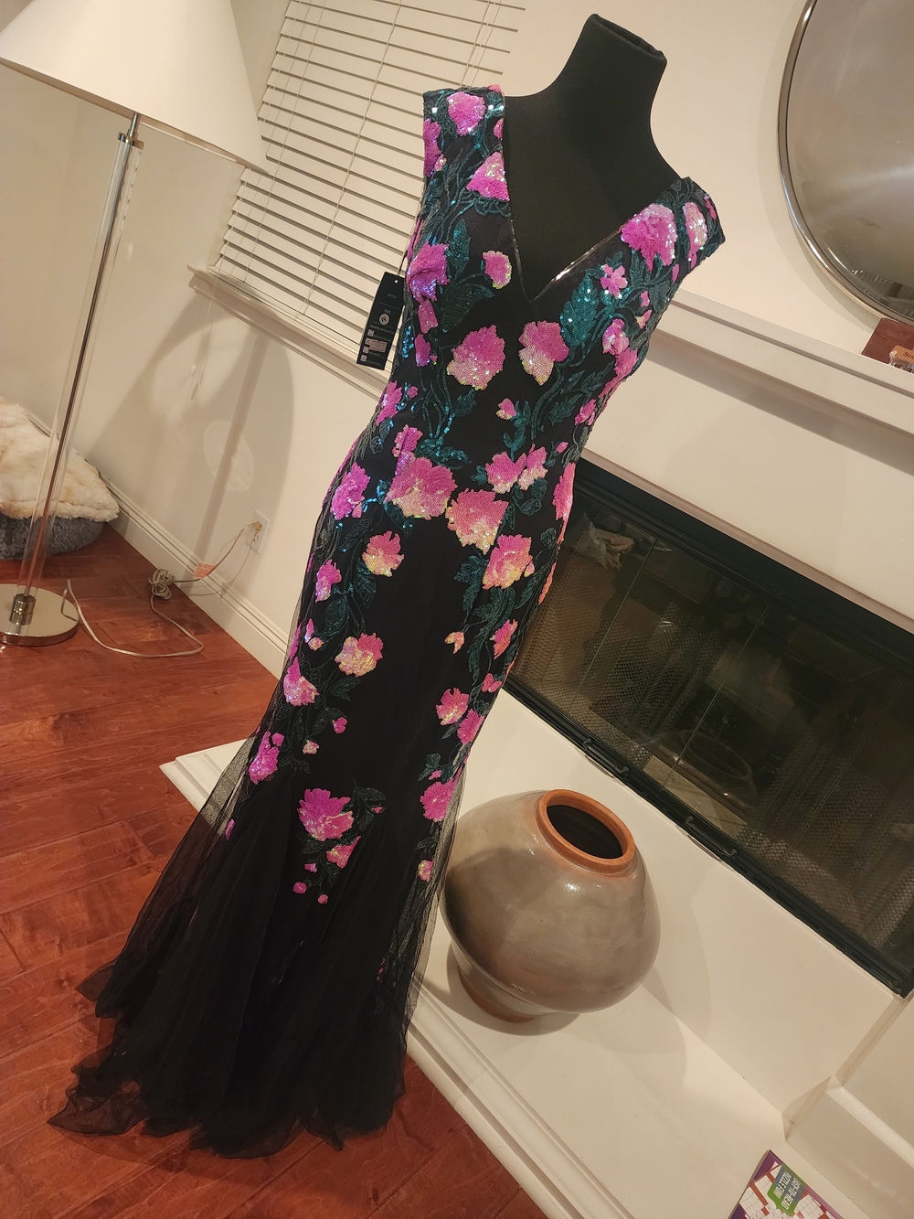 Black Maxi Dress with Pink Floral Embroidery